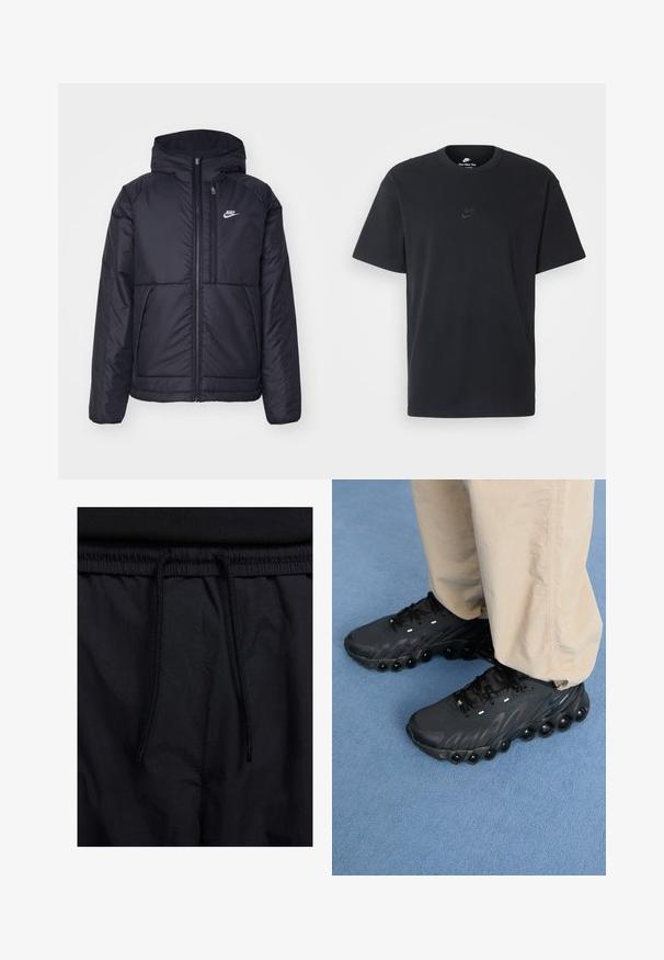 Must musta Nike jope, millel on ees lukuga avamine ja kapuuts. Vasakpoolne rind on kaunistatud valge logoga ning ees on kaks taskut. Sile välimine tekstuur.; Nike musta mustast puuvillast T-särk klassikalise ümmarguse kaelusega, lühikeste varrukatega ja õrna, reljeefse logoga rinnal. Sile tekstuur.; Mustad lühikesed püksid, millel on paelaga vöökoht, kerge kangas, mis on sileda tekstuuriga ning lihtne disain ilma nähtavate logode või mustriteta.; Mustad mustandjalad, millel on tekstuuriga pealispind, kumer talla ja eristuvad õhupodid altpoolt. Omab paelu ja peegeldavaid elemente.
