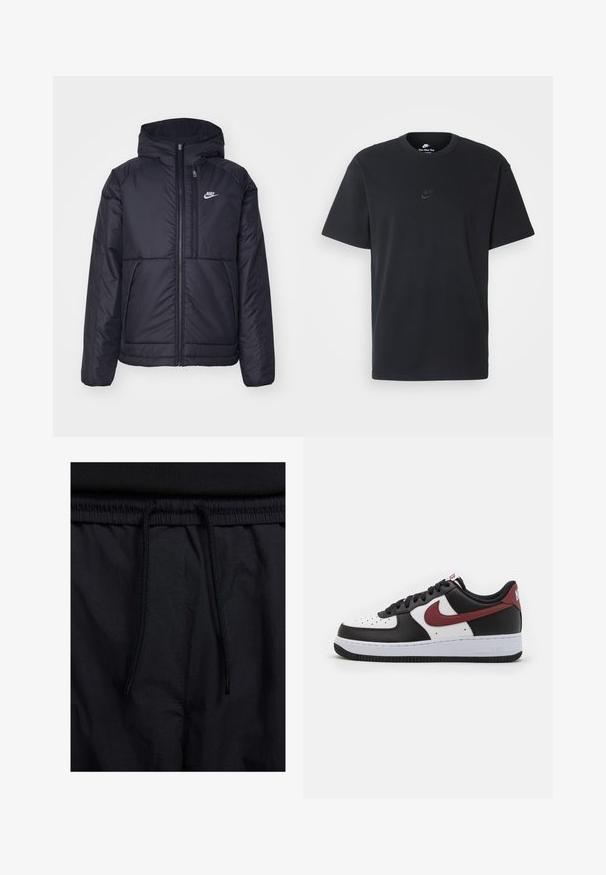 Casaco Nike preto, acolchoado, com fecho à frente e capuz. Apresenta um logo branco no lado esquerdo do peito e dois bolsos frontais. Textura exterior lisa.; T-shirt de algodão preto da Nike com um clássico decote redondo, mangas curtas e um logótipo em relevo discreto no peito. Textura suave.; Calções pretos com um cós elástico ajustável, fabricados em tecido leve com uma textura suave e um design simples, sem logótipos ou padrões visíveis.; Sapatilha de pele preta e branca com um swoosh vermelho da Nike. Apresenta biqueira perfurada, atacadores pretos e uma entresola branca com um solado texturizado preto.