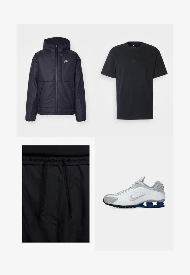 Czarna, pikowana kurtka Nike z przednim zamkiem błyskawicznym i kapturem. Posiada białe logo po lewej stronie klatki piersiowej oraz podwójne kieszenie z przodu. Gładka struktura zewnętrzna.; Czarny bawełniany t-shirt Nike z klasycznym okrągłym dekoltem, krótkimi rękawami oraz subtelnym, wytłoczonym logo na piersi. Gładka tekstura.; Czarne szorty z elastycznym paskiem na sznurku, lekkiego materiału o gładkiej fakturze oraz prostym wzornictwie bez widocznych logo czy wzorów.; Białe i szare buty do biegania Nike z srebrnym logo, niebieskimi, sprężynowymi podeszwami oraz czarnym bieżnikiem na jednolitym tle.