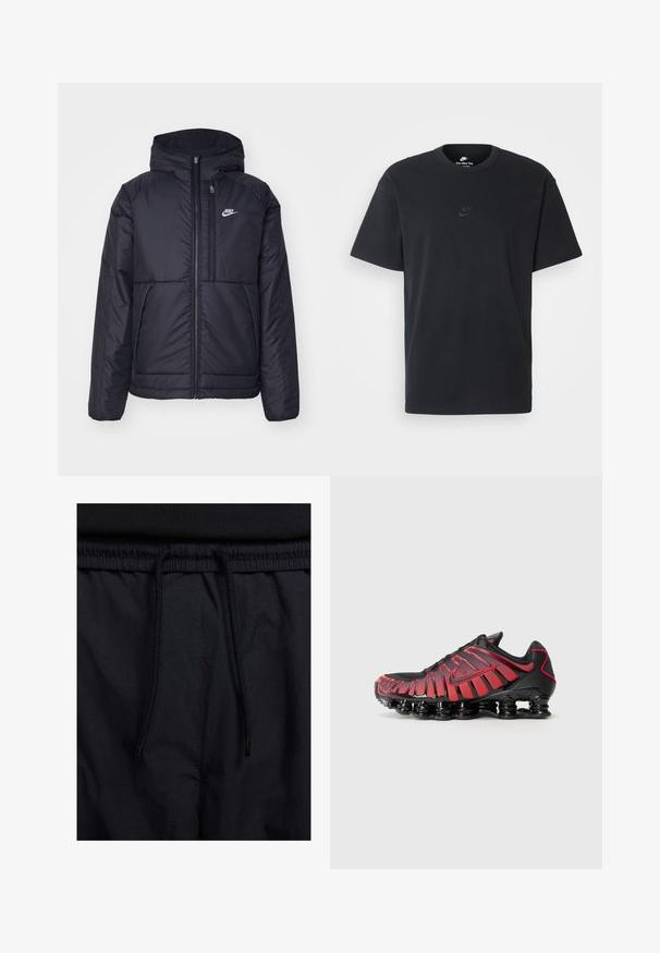 Casaco Nike preto, acolchoado, com fecho à frente e capuz. Apresenta um logo branco no lado esquerdo do peito e dois bolsos frontais. Textura exterior lisa.; T-shirt de algodão preto da Nike com um clássico decote redondo, mangas curtas e um logótipo em relevo discreto no peito. Textura suave.; Calções pretos com um cós elástico ajustável, fabricados em tecido leve com uma textura suave e um design simples, sem logótipos ou padrões visíveis.; Os sapatos atléticos pretos e vermelhos apresentam uma parte superior em malha com riscas verticais e um colarinho acolchoado, suportados por uma sola diferenciada e segmentada.