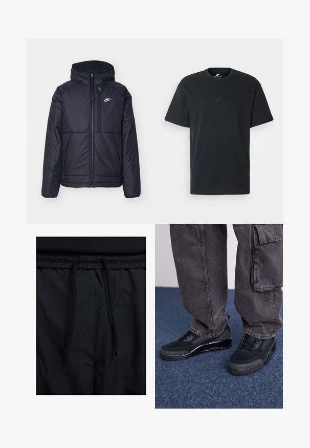 Musta, pehmustettu Nike-takki, jossa on etuvetoketju ja huppu. Vasemmassa rinnassa on valkoinen logo ja takissa on kaksinkertaiset etutaskut. Pintakoe on sileä.; Nike musta musta T-paita, jossa on klassinen pyöreä kaula-aukko, lyhyet etkä hihat sekä hillitty, kohopainettu logo rinnassa. Silkkinen rakenne.; Mustat shortsit, joissa on naru vyötäröllä, kevyestä kankaasta valmistettu, sileä tekstuuri ja yksinkertainen muotoilu ilman näkyviä logoja tai kuvioita.; Mustat urheilukengät, joissa on teksturoitu pinta, sileät yksityiskohdat ja paksu pohja, yhdistettynä tummiin, löysiin cargo-housuihin.