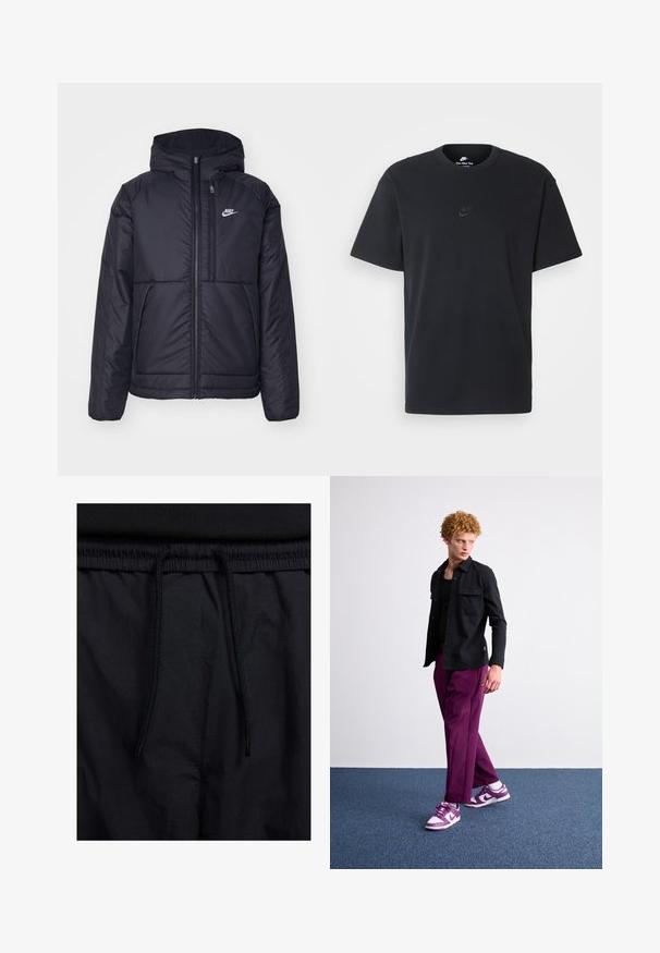 Giacca Nike nera, imbottita, con zip frontale e cappuccio. Presenta un logo bianco sul lato sinistro del petto e doppie tasche frontali. Texture esterna liscia.; T-shirt in cotone nero della Nike con collo rotondo classico, maniche corte e un logo in rilievo discreto sul petto. Texture liscia.; Shorts neri con vita regolabile tramite coulisse, tessuto leggero con una texture liscia e un design semplice senza loghi o motivi visibili.; Camicia nera a maniche lunghe con due tasche sul petto, abbinata a pantaloni larghi viola e sneakers viola e bianche, su un tappeto blu texture.