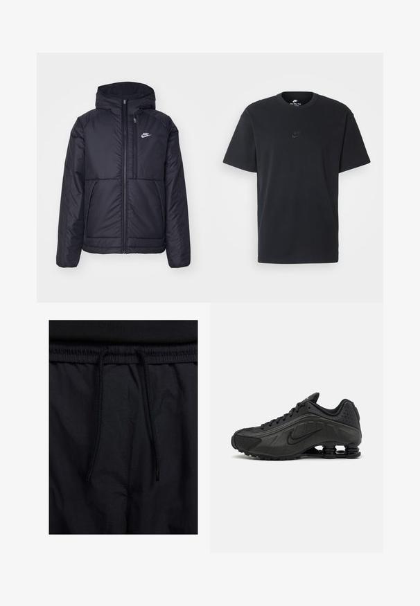 Sort, polstret Nike-jakke med frontlynlås og hætte. Har et hvidt logo på venstre bryst og to frontlommer. Glat ydre tekstur.; Nike sort bomulds t-shirt med en klassisk rund hals, korte ærmer og et diskret, præget logo på brystet. Glat tekstur.; Sorte shorts med snoretræk i taljen, letvægtsstof med en glat tekstur og et simpelt design uden synlige logoer eller mønstre.; Sorte løbesko med en glat syntetisk overdel, perforerede detaljer, teksturerede sidedele og en distinkt fjedrende sål.
