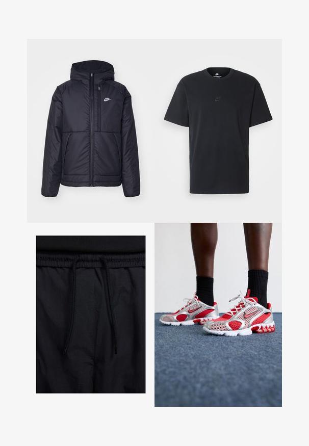 Svart, vadderad Nike-jacka med dragkedja framtill och huva. Har en vit logotyp på vänster bröst och dubbla framfickor. Slät yttextur.; Svart t-shirt i bomull från Nike med klassisk rund halsringning, korta ärmar och en diskret, präglad logotyp på bröstet. Slät textur.; Svarta shorts med dragsko i midjan, lättviktig tyg med en slät yta och en enkel design utan synliga logotyper eller mönster.; Röda och silverfärgade träningsskor med nätbeklädnad, vita sulor och framträdande gummidetaljer, i kombination med svarta strumpor på en blå matta.