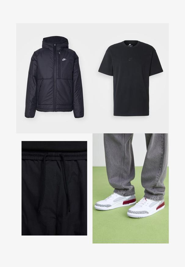 Jachetă Nike neagră, căptușită, cu fermoar pe față și glugă. Prezintă un logo alb pe pieptul stâng și două buzunare frontale. Textură exterioară netedă.; Tricou din bumbac negru Nike, cu guler rotund clasic, mâneci scurte și un logo subtil embosat pe piept. Textură netedă.; Șorturi negre cu un brâu reglabil, dintr-un material ușor cu o textură netedă și un design simplu, fără logo-uri sau modele vizibile.; Jordan JORDAN SPIZIKE LOW - Sneakers low - white/team red/wolf grey/anthracite