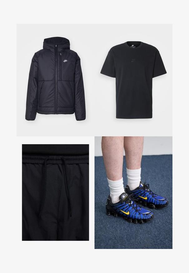 Svart, vadderad Nike-jacka med dragkedja framtill och huva. Har en vit logotyp på vänster bröst och dubbla framfickor. Slät yttextur.; Svart t-shirt i bomull från Nike med klassisk rund halsringning, korta ärmar och en diskret, präglad logotyp på bröstet. Slät textur.; Svarta shorts med dragsko i midjan, lättviktig tyg med en slät yta och en enkel design utan synliga logotyper eller mönster.; Blåa och svarta sportskor har en nätdesign, gula accenter och en segmenterad sula. Bärs med vita muddstrumpor.