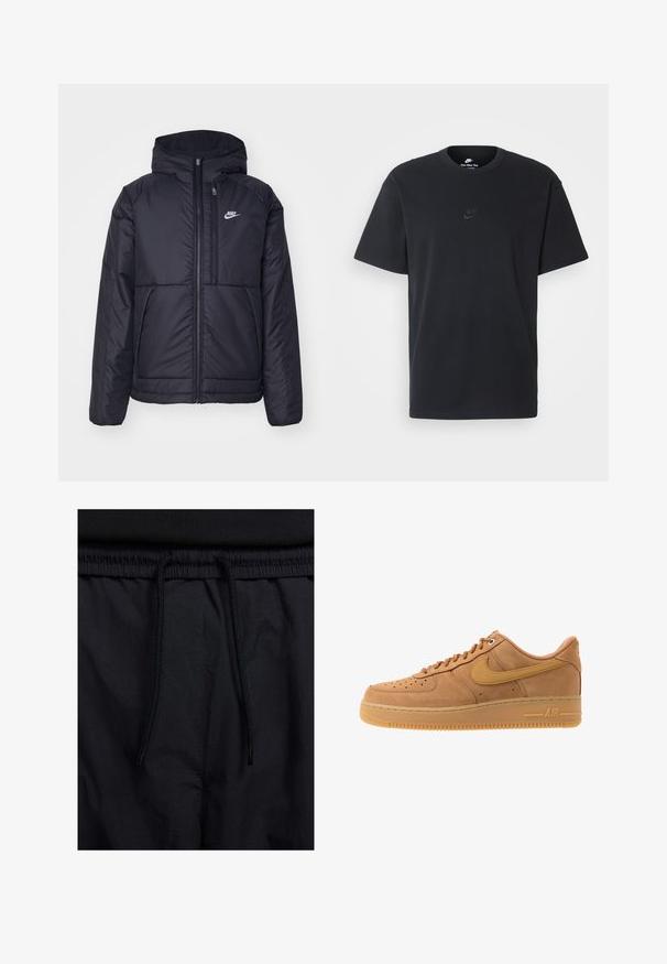 Casaco Nike preto, acolchoado, com fecho à frente e capuz. Apresenta um logo branco no lado esquerdo do peito e dois bolsos frontais. Textura exterior lisa.; T-shirt de algodão preto da Nike com um clássico decote redondo, mangas curtas e um logótipo em relevo discreto no peito. Textura suave.; Calções pretos com um cós elástico ajustável, fabricados em tecido leve com uma textura suave e um design simples, sem logótipos ou padrões visíveis.; Nike Sportswear AIR FORCE 1 07 - Sapatilhas - flax/wheat/light brown/black/team gold