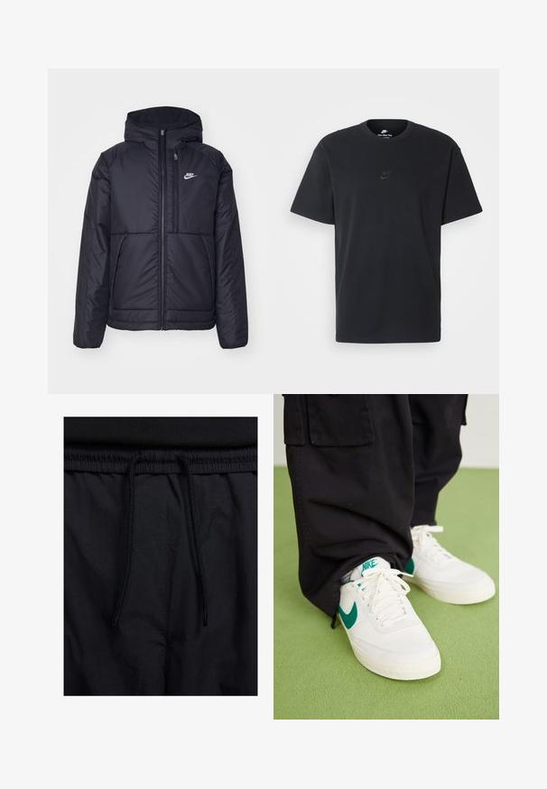 Chaqueta acolchada negra de Nike con cremallera frontal y capucha. Presenta un logo blanco en el lado izquierdo del pecho y dos bolsillos frontales. Textura exterior suave.; Camiseta negra de algodón de Nike con un clásico cuello redondo, mangas cortas y un sutil logo en relieve en el pecho. Textura suave.; Pantalones cortos negros con cinturilla ajustable, tejido ligero con una textura suave y un diseño sencillo sin logotipos visibles ni patrones.; Zapatillas de cuero blancas con detalles y logotipo verdes, con cordones planos y suelas texturizadas, llevadas con pantalones cargo negros holgados.