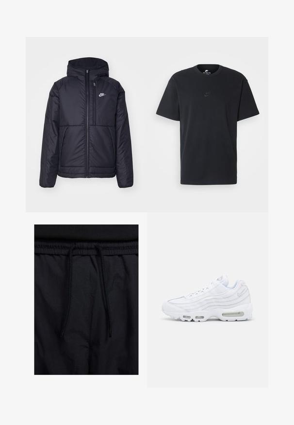 Μαύρο, επενδυμένο μπουφάν Nike με μπροστινό φερμουάρ και κουκούλα. Διαθέτει λευκό λογότυπο στο αριστερό στήθος και διπλές μπροστινές τσέπες. Λείο εξωτερικό υλικό.; Μαύρη βαμβακερή μπλούζα Nike με κλασικό στρογγυλό λαιμό, κοντά μανίκια και μια διακριτική, ανάγλυφη λογότυπο στο στήθος. Λείο ύφασμα.; Μαύρο σορτσάκι με ζωνάκι που ρυθμίζεται, ελαφρύ ύφασμα με απλή υφή και απλό σχέδιο χωρίς ορατά λογότυπα ή μοτίβα.; Λευκά αθλητικά παπούτσια Nike Air Max 95 με επάνω μέρος από διχτυωτό και δερμάτινο υλικό, μαλακή σόλα, ορατές μονάδες αέρα και υφασμάτινες λεπτομέρειες στις πλευρές.