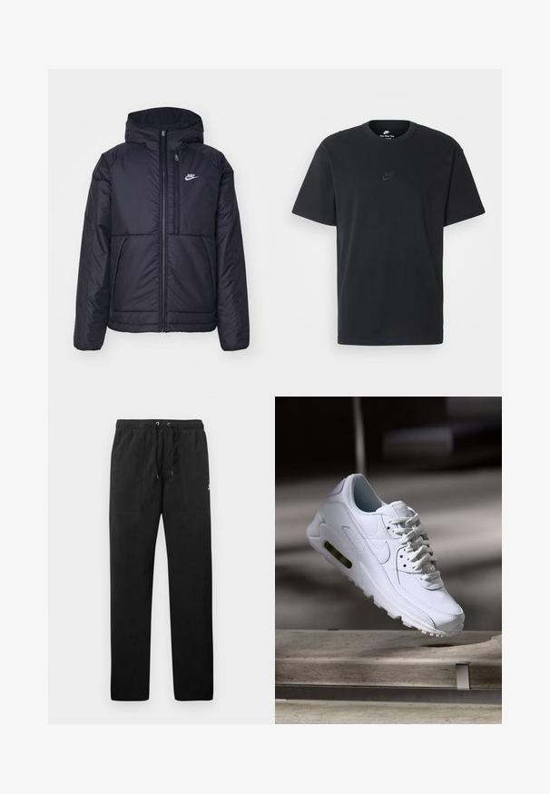 Fekete, párnázott Nike dzseki elülső cipzárral és kapucnival. A bal mellen fehér logó található, valamint két elülső zseb. Simának tűnő külső felület.; Fekete pamut póló Nike márkájú, klasszikus, kerek nyakú, rövid ujjú, és letisztult, dombornyomott logóval a mellkason. Simább textúra.; Fekete, bolyhos anyagú melegítők, elasztikus derékkal és húzózsinórral, két elülső zsebbel és egy kisméretű logóval a combján.; Fehér bőr sneaker, texturált felületekkel, párnázott gallérral és látható légpárnázottsággal a talpban. Felszereltsége fűzőkkel és minimalista dizájnnal rendelkezik.