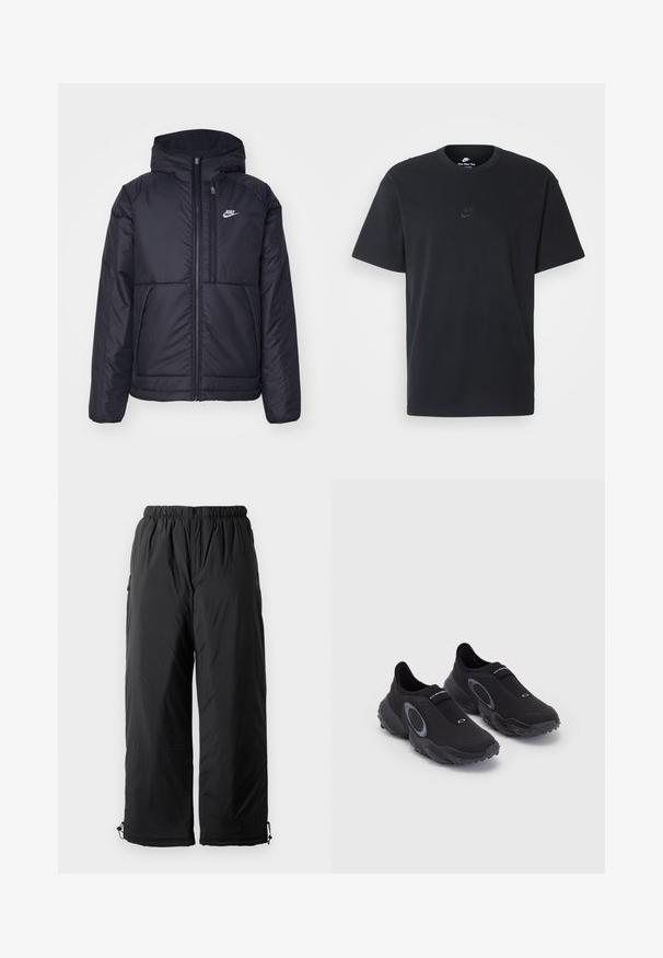 Black, padded Nike jacket with a front zipper and hood. Features a white logo on the left chest and dual front pockets. Smooth exterior texture.; Nike black cotton t-shirt with a classic crew neck, short sleeves, and a subtle, embossed logo on the chest. Smooth texture.; Black insulated pants with elastic waistband, featuring side pockets and adjustable cuffs. Smooth fabric with a slightly shiny finish.; Black slip-on sneakers with a textured upper and rubber sole. Features a grey circular accent and elastic band across the instep for fit.