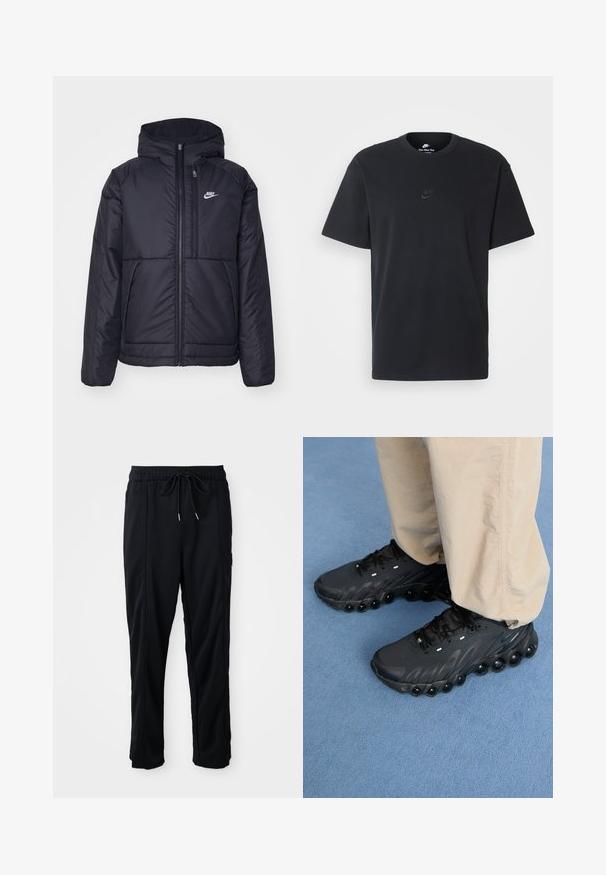 Must musta Nike jope, millel on ees lukuga avamine ja kapuuts. Vasakpoolne rind on kaunistatud valge logoga ning ees on kaks taskut. Sile välimine tekstuur.; Nike musta mustast puuvillast T-särk klassikalise ümmarguse kaelusega, lühikeste varrukatega ja õrna, reljeefse logoga rinnal. Sile tekstuur.; Mustad nööridega vööga igapäevased mustad püksid, külgseamipocketid ja sirge sääre lõikega, ühtlasel taustal.; Mustad mustandjalad, millel on tekstuuriga pealispind, kumer talla ja eristuvad õhupodid altpoolt. Omab paelu ja peegeldavaid elemente.