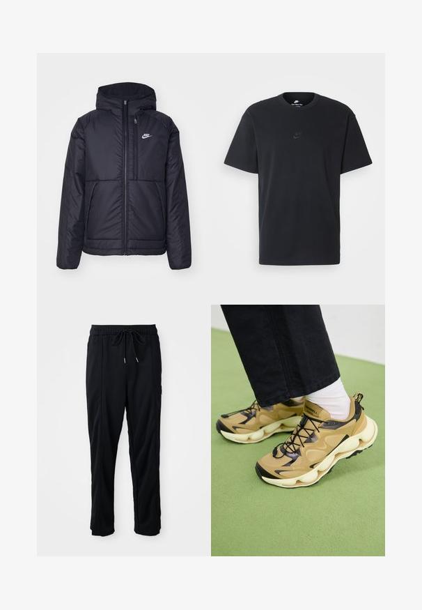 Jachetă Nike neagră, căptușită, cu fermoar pe față și glugă. Prezintă un logo alb pe pieptul stâng și două buzunare frontale. Textură exterioară netedă.; Tricou din bumbac negru Nike, cu guler rotund clasic, mâneci scurte și un logo subtil embosat pe piept. Textură netedă.; Pantaloni casual negri cu șnur la talie, cu buzunare laterale și croială dreaptă, pe un fundal simplu.; Adidași maron și negri cu partea superioară din plasă, talpă albă masivă, șireturi negre și buclă de prindere. Logo-ul GORE-TEX vizibil pe lateral.