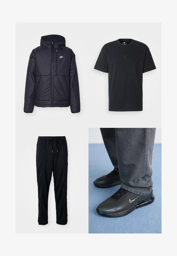 Melna, pufota Nike jaka ar priekšējo rāvējslēdzēju un kapuci. Iezīmēta ar baltu logotipu uz kreisās krūtis un divām priekšējām kabatām. Gluda ārējā tekstūra.; Nike melns kokvilnas T-krekls ar klasisku piegriezumu, īsām piedurknēm un smalku, reljefu logotipu uz krūškurvja. Gluda tekstūra.; Melnas bikses ar aukliņu jostas vietā, ar sānu kabatām un taisnu kāju griezumu uz vienkrāsaina fona.; Melnas Nike sporta kurpes ar teksturētu virsu, perforācijas detaļām un redzamu gaisa amortizācijas vienību, kopā ar pelēkiem biksēm.