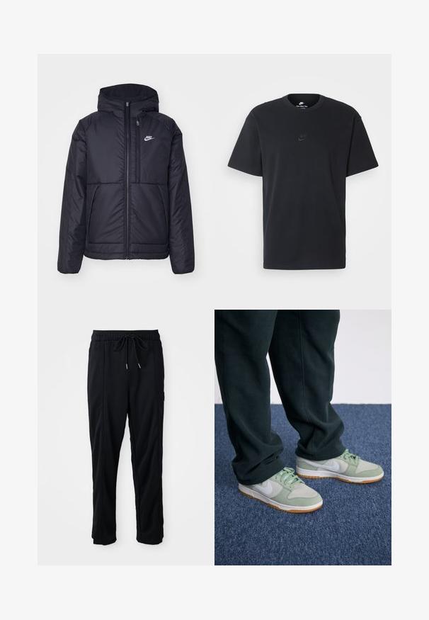Μαύρο, επενδυμένο μπουφάν Nike με μπροστινό φερμουάρ και κουκούλα. Διαθέτει λευκό λογότυπο στο αριστερό στήθος και διπλές μπροστινές τσέπες. Λείο εξωτερικό υλικό.; Μαύρη βαμβακερή μπλούζα Nike με κλασικό στρογγυλό λαιμό, κοντά μανίκια και μια διακριτική, ανάγλυφη λογότυπο στο στήθος. Λείο ύφασμα.; Μαύρο παντελόνι casual με ρυθμιζόμενη μέση και πλευρικές τσέπες, κανονική γραμμή σε απλό φόντο.; Nike Sportswear DUNK LOW RETRO SE - Αθλητικά παπούτσια - jade horizon/summit white/light silver/light brown