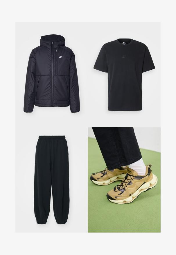 Fekete, párnázott Nike dzseki elülső cipzárral és kapucnival. A bal mellen fehér logó található, valamint két elülső zseb. Simának tűnő külső felület.; Fekete pamut póló Nike márkájú, klasszikus, kerek nyakú, rövid ujjú, és letisztult, dombornyomott logóval a mellkason. Simább textúra.; Fekete, rugalmas derékpántos melegítőnadrág, laza fit, véget érő szárakkal, sima textúrával, látható minták vagy hardver díszek nélkül.; Barna és fekete sneaker, hálós felsőrésszel, vastag fehér talppal, fekete fűzővel és húzószalaggal. A GORE-TEX logó a oldalán látható.