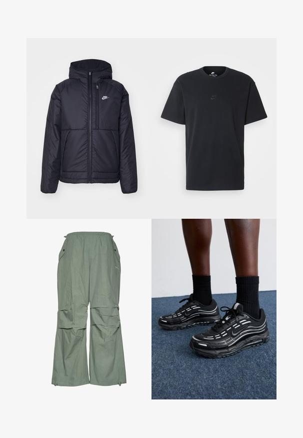 Svart, polstret Nike-jakke med frontglidelås og hette. Har en hvit logo på venstre bryst og doble frontlommer. Glatt ytterside.; Nike svart bomull T-skjorte med klassisk rund hals, korte ermer, og en subtil, preget logo på brystet. Glatt tekstur.; Lys grønn, løse cargo-bukser med strikket liv, sidelommer og vide ben. Laget av lett stoff med en rynket tekstur.; Sorte Nike-sko har en mesh-overdel med aksentstriper, teksturert snøring og en svart gummisåle. Brukt med svarte ribbede sokker.