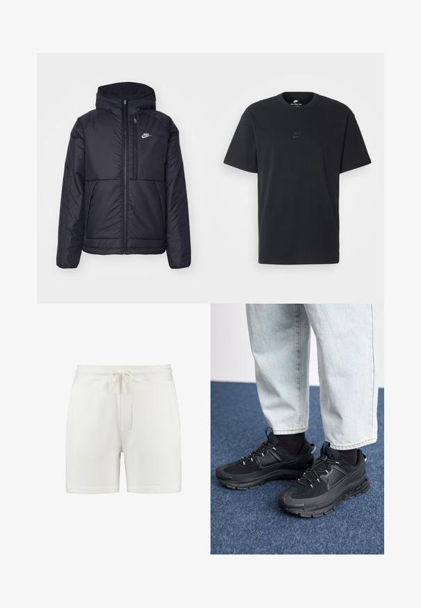 Zwarte, gewatteerde Nike-jas met een voorkant met ritssluiting en capuchon. Kenmerkt zich door een wit logo op de linkerborst en dubbele frontzakken. Gladde buitenkant.; Zwarte katoenen t-shirt van Nike met een klassieke ronde hals, korte mouwen en een subtiele, reliëflogo op de borst. Gladde textuur.; Witte katoenen shorts met een elastische tailleband, verstelbaar koord en zijzakken. Gladde textuur, lengte tot halverwege het bovenbeen.; Zwarte sportschoenen met gestructureerde stof en rubberen zolen, met elastische veters en een blauwe accent op de hiel. Draag samen met lichte spijkerbroeken.
