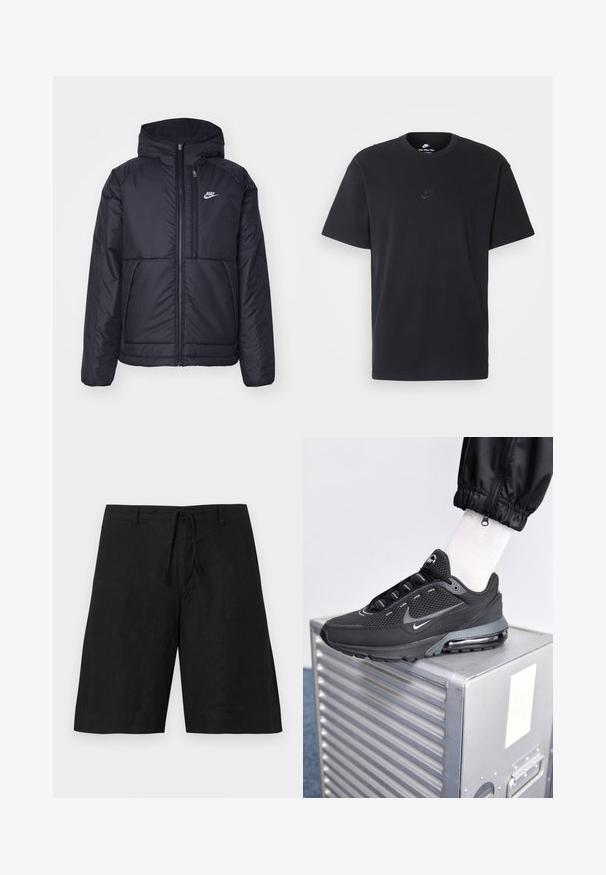 Černá zateplená bunda Nike s předním zipem a kapucí. Na levé straně hrudi má bílé logo a dvojité přední kapsy. Hladký povrch.; Černé bavlněné tričko Nike s klasickým kulatým výstřihem, krátkými rukávy a decentně vyraženým logem na hrudi. Hladký povrch.; Černé lněné šortky s uvolněným střihem, nastavovací šňůrkou v pase a bez viditelných vzorů. Materiál vypadá lehce a má mírně texturovaný povrch.; Nike Sportswear PULSE - Tenisky - black/anthracite
