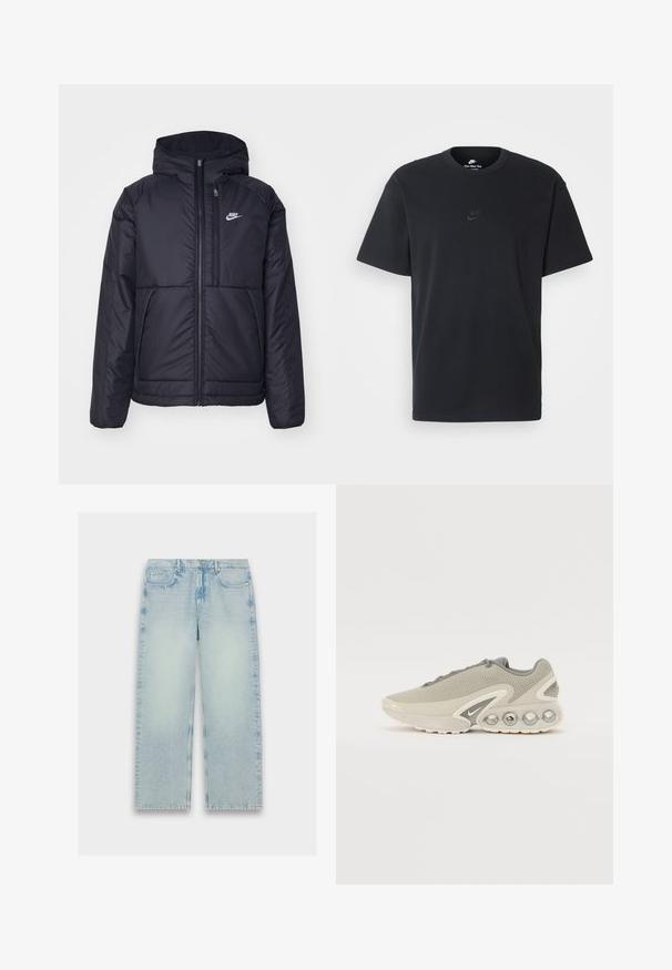 Črna, podložena Nike jakna z sprednjim zadrgo in kapuco. Ima bel logo na levem prsnem delu in dvojna sprednja žepa. Gladka zunanja tekstura.; Nike črna bombažna majica z klasičnim okroglim izrezom, kratkimi rokavi in subtilnim, vtisnjenim logotipom na prsih. Gladka tekstura.; Svijetloplavi, traperice visokog struka s ravnim krojem, istrošena tekstura i klasični dizajn s pet džepova.; Svetlosivi športni čevlji z zgornjim delom iz teksturiranega mrežastega materiala, ukrivljenim dizajnom, debelim belim srednjim podplatom in prozornimi elementi zračne amortizacije v peti.