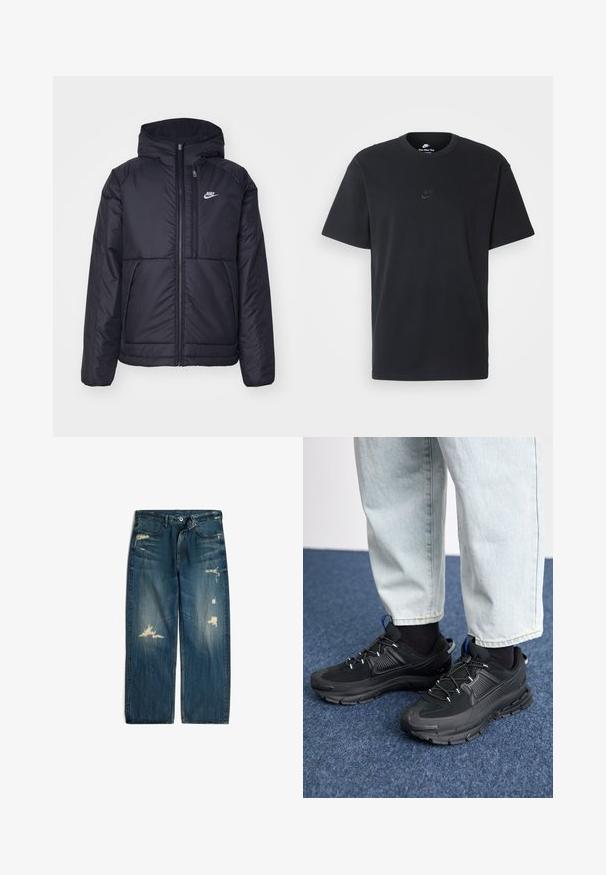 Juodas, paminkštintas Nike džemperis su priekyje užtrauktuku ir gobtuvu. Pasižymi balta logo kairėje krūtinės pusėje ir dviem priekinėmis kišenėmis. Su lygiu išoriniu paviršiumi.; Juodas medvilninis Nike marškinėliai su klasikinėmis apykaklėmis, trumpomis rankovėmis ir subtiliu, įspaustu logotipu ant krūtinės. Sklandus tekstūra.; Mėlynos džinsinės kelnės su laisvu siluetu, pasižyminčios nusidėvėjimo dėmėmis, lengvu išblukimu ir mygtuko užsegimu ties juosmeniu.; Juodi sportiniai bateliai su tekstūruota medžiaga ir guminiais padais, su elastingomis raišteliais ir mėlynu akcentu ant kulno. Dėvimi su šviesiai mėlynomis džinsinėmis kelnėmis.