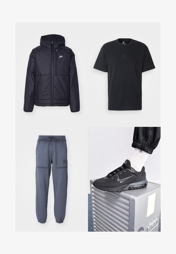 Černá zateplená bunda Nike s předním zipem a kapucí. Na levé straně hrudi má bílé logo a dvojité přední kapsy. Hladký povrch.; Černé bavlněné tričko Nike s klasickým kulatým výstřihem, krátkými rukávy a decentně vyraženým logem na hrudi. Hladký povrch.; Modré tepláky z měkké látky, vybavené nastavovací šňůrkou v pase, elastickými manžetami a dvěma předními kapsami. Vyšité logo.; Nike Sportswear PULSE - Tenisky - black/anthracite