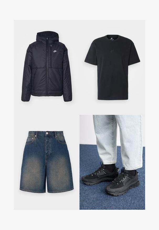 Veste Nike noire rembourrée avec une fermeture éclair sur le devant et une capuche. Elle présente un logo blanc sur la poitrine gauche et deux poches avant. Texture extérieure lisse.; T-shirt en coton noir Nike avec un col rond classique, des manches courtes et un logo embossé subtil sur la poitrine. Texture lisse.; Shorts en denim de couleur bleu moyen avec un délavage. Présente une taille haute, cinq poches et une coupe droite. Fermeture à bouton en métal.; Des chaussures de sport noires avec un tissu texturé et des semelles en caoutchouc, dotées de lacets élastiques et d'un accent bleu au talon. Portées avec un pantalon en denim clair.