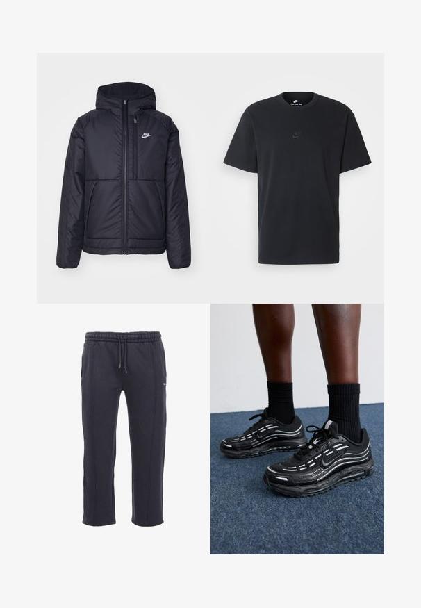 Black, padded Nike jacket with a front zipper and hood. Features a white logo on the left chest and dual front pockets. Smooth exterior texture.; Nike black cotton t-shirt with a classic crew neck, short sleeves, and a subtle, embossed logo on the chest. Smooth texture.; Dark gray sweatpants made of soft fabric, featuring an elastic waistband with drawstring, side pockets, and visible stitching.; Black Nike shoes feature a mesh upper with accent stripes, textured lacing, and a black rubber sole. Worn with black ribbed socks.
