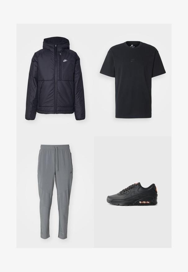 Juodas, paminkštintas Nike džemperis su priekyje užtrauktuku ir gobtuvu. Pasižymi balta logo kairėje krūtinės pusėje ir dviem priekinėmis kišenėmis. Su lygiu išoriniu paviršiumi.; Juodas medvilninis Nike marškinėliai su klasikinėmis apykaklėmis, trumpomis rankovėmis ir subtiliu, įspaustu logotipu ant krūtinės. Sklandus tekstūra.; Pilki sportiniai panta su elastinga juosta, raišteliu, siaurėjančiomis kojomis ir šoninėmis dalimis. Yra mažas juodas logotipas viršutinėje kairėje pusėje.; Nike Air Max 90 sportbačiai su juodu sintetiku, tekstūruotu paviršiumi, raištelių užsegimu, matomu oro vienetu ir oranžine akcentine logotipu.
