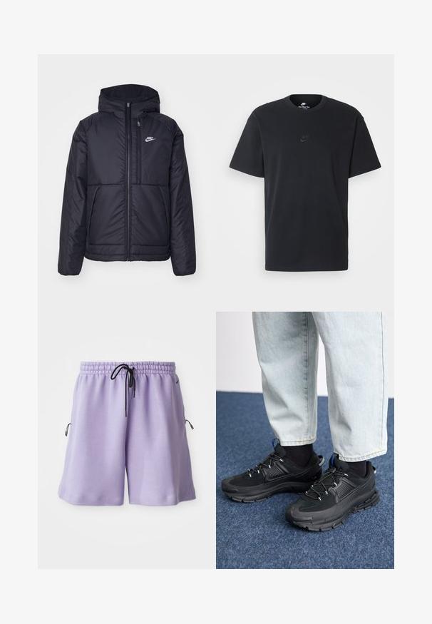 Casaco Nike preto, acolchoado, com fecho à frente e capuz. Apresenta um logo branco no lado esquerdo do peito e dois bolsos frontais. Textura exterior lisa.; T-shirt de algodão preto da Nike com um clássico decote redondo, mangas curtas e um logótipo em relevo discreto no peito. Textura suave.; Calções roxos feitos de um tecido macio, com um cós elástico e um cordão de ajuste preto, e bolsos laterais com detalhes pretos.; Sapatilhas desportivas pretas com tecido texturizado e solas em borracha, apresentando atacadores elásticos e um detalhe azul no calcanhar. Usadas com calças de ganga claras.