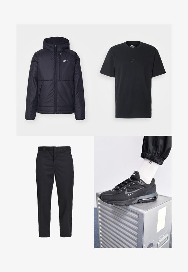 Schwarze, gepolsterte Nike-Jacke mit Frontreißverschluss und Kapuze. Hat ein weißes Logo auf der linken Brust und zwei Fronttaschen. Glattes äußeres Material.; Schwarzes Baumwoll-T-Shirt von Nike mit klassischem Rundhalsausschnitt, kurzen Ärmeln und einem dezenten, geprägten Logo auf der Brust. Glatte Textur.; Schwarze Chinos aus leichtem Baumwollstoff, mit geradem Schnitt, seitlichen Taschen und einem Knopfverschluss am Bund.; Nike Sportswear PULSE - Sneaker low - black/anthracite