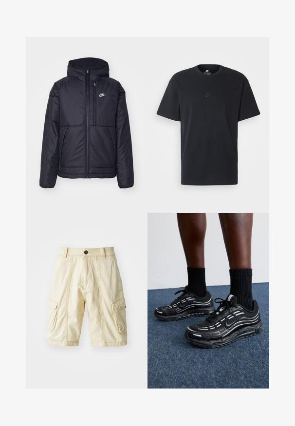 Svart, polstret Nike-jakke med frontglidelås og hette. Har en hvit logo på venstre bryst og doble frontlommer. Glatt ytterside.; Nike svart bomull T-skjorte med klassisk rund hals, korte ermer, og en subtil, preget logo på brystet. Glatt tekstur.; Knielange cargo shorts i lyse beige stof med knaplukning, to store sidelommer og synlige syninger.; Sorte Nike-sko har en mesh-overdel med aksentstriper, teksturert snøring og en svart gummisåle. Brukt med svarte ribbede sokker.