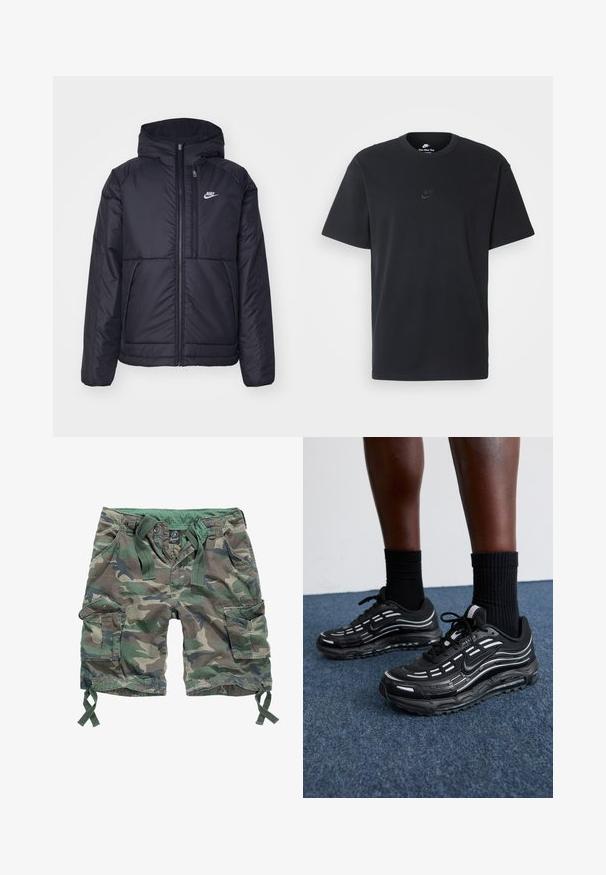 Čierna, polstrovaná bunda Nike so zipsom vpredu a kapucňou. Na ľavej strane hrude sa nachádza biele logo a sú tu dva predné vrecká. Hladký vonkajší povrch.; Čierne bavlnené tričko Nike s klasickým okrúhlym výstrihom, krátkymi rukávmi a jemne embosovaným logom na hrudi. Hladká textúra.; Cargo šortky s maskáčovým vzorom, so viacerými vreckami, elastickým pásom so šnúrkami a vyrobené z bavlny.; Čierne tenisky Nike majú sieťkový zvršok s akcentovými pruhmi, textúrovaným šnurovaním a čiernu gumovú podrážku. Nosené s čiernymi rebrovanými ponožkami.