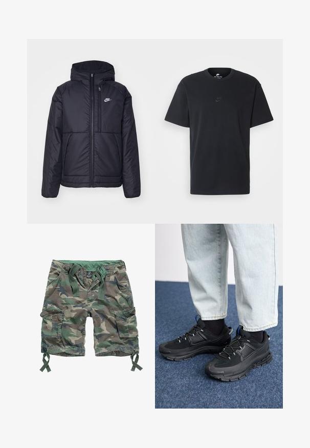 Juodas, paminkštintas Nike džemperis su priekyje užtrauktuku ir gobtuvu. Pasižymi balta logo kairėje krūtinės pusėje ir dviem priekinėmis kišenėmis. Su lygiu išoriniu paviršiumi.; Juodas medvilninis Nike marškinėliai su klasikinėmis apykaklėmis, trumpomis rankovėmis ir subtiliu, įspaustu logotipu ant krūtinės. Sklandus tekstūra.; Kargo šortai su kamufliažo raštu, turintys kelis kišenes, elastingą juosmenį su raišteliais ir pagaminti iš medvilnės.; Juodi sportiniai bateliai su tekstūruota medžiaga ir guminiais padais, su elastingomis raišteliais ir mėlynu akcentu ant kulno. Dėvimi su šviesiai mėlynomis džinsinėmis kelnėmis.