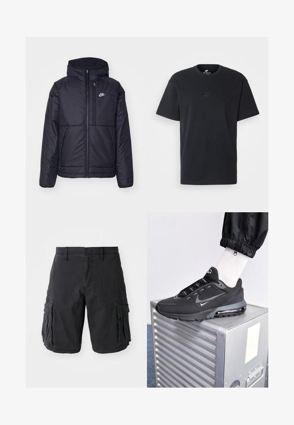 Schwarze, gepolsterte Nike-Jacke mit Frontreißverschluss und Kapuze. Hat ein weißes Logo auf der linken Brust und zwei Fronttaschen. Glattes äußeres Material.; Schwarzes Baumwoll-T-Shirt von Nike mit klassischem Rundhalsausschnitt, kurzen Ärmeln und einem dezenten, geprägten Logo auf der Brust. Glatte Textur.; Schwarze Cargo-Shorts aus Baumwolle, mit mehreren Seiten Taschen, einem Knopfverschluss und einer lockeren Passform. Glatte Textur und robuste Nähte.; Nike Sportswear PULSE - Sneaker low - black/anthracite