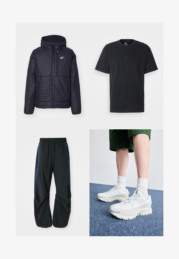 Casaco Nike preto, acolchoado, com fecho à frente e capuz. Apresenta um logo branco no lado esquerdo do peito e dois bolsos frontais. Textura exterior lisa.; T-shirt de algodão preto da Nike com um clássico decote redondo, mangas curtas e um logótipo em relevo discreto no peito. Textura suave.; Calças de exterior pretas com um ajuste relaxado, apresentando um cós elástico, painéis laterais azul-marinho e bolsos com zíper de cada lado.; Sapatos atléticos brancos com sobreposições texturizadas, sola espessa e detalhes em cinza. Usados com meias brancas até ao tornozelo e calções verdes sobre uma superfície azul.