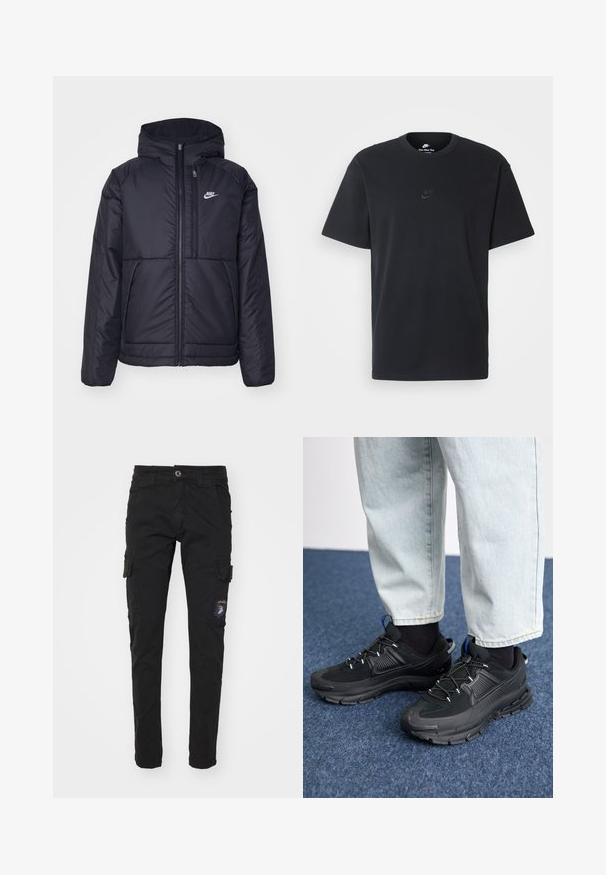 Black, padded Nike jacket with a front zipper and hood. Features a white logo on the left chest and dual front pockets. Smooth exterior texture.; Nike black cotton t-shirt with a classic crew neck, short sleeves, and a subtle, embossed logo on the chest. Smooth texture.; Black cargo pants made of cotton with a slim fit, featuring multiple side pockets, a zipper fly, and a patch detail on the left leg.; Black athletic shoes with textured fabric and rubber soles, featuring elastic laces and a blue accent on the heel. Worn with light denim pants.