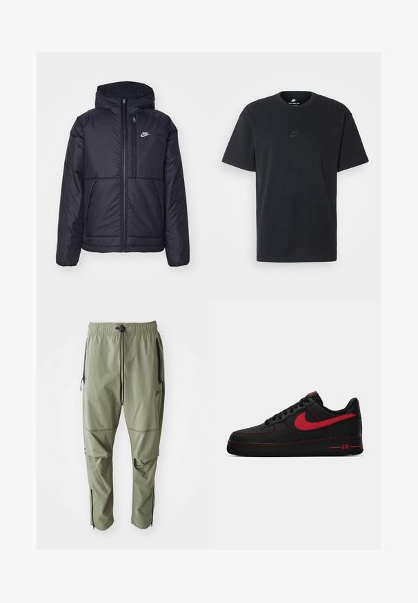 Μαύρο, επενδυμένο μπουφάν Nike με μπροστινό φερμουάρ και κουκούλα. Διαθέτει λευκό λογότυπο στο αριστερό στήθος και διπλές μπροστινές τσέπες. Λείο εξωτερικό υλικό.; Μαύρη βαμβακερή μπλούζα Nike με κλασικό στρογγυλό λαιμό, κοντά μανίκια και μια διακριτική, ανάγλυφη λογότυπο στο στήθος. Λείο ύφασμα.; Πράσινα ελαφριά παντελόνια κατασκευασμένα από υφασμάτινη υφή. Διαθέτουν ελαστική μέση με κορδόνι, τσέπες στο πλάι με φερμουάρ και φερμουάρ στους αστραγάλους.; Μαύρα δερμάτινα αθλητικά παπούτσια Nike Air Force 1 με κόκκινες λεπτομέρειες, διαθέτουν λείο υλικό, τρυπητή μύτη και αντίθετη κόκκινη ραφή.