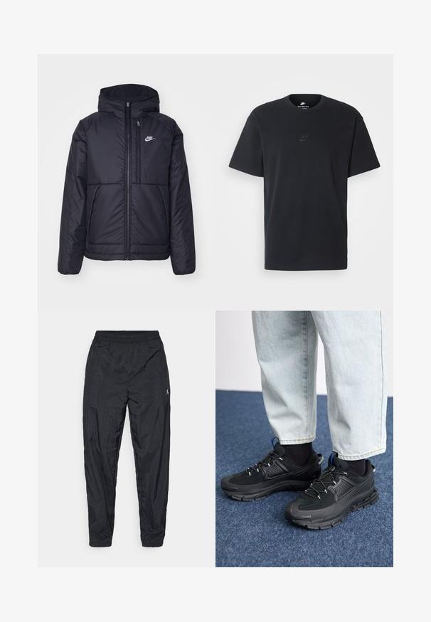 Chaqueta acolchada negra de Nike con cremallera frontal y capucha. Presenta un logo blanco en el lado izquierdo del pecho y dos bolsillos frontales. Textura exterior suave.; Camiseta negra de algodón de Nike con un clásico cuello redondo, mangas cortas y un sutil logo en relieve en el pecho. Textura suave.; Pantalones deportivos negros hechos de un tejido ligero. Cuentan con una cintura elástica y un pequeño detalle de logo en el costado. Diseño de pierna ajustada.; Zapatillas deportivas negras con tejido texturizado y suelas de goma, con cordones elásticos y un acento azul en el talón. Combinadas con pantalones de mezclilla claros.