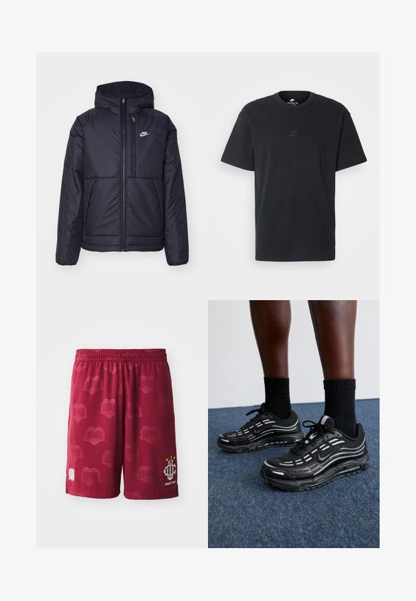 Svart, polstret Nike-jakke med frontglidelås og hette. Har en hvit logo på venstre bryst og doble frontlommer. Glatt ytterside.; Nike svart bomull T-skjorte med klassisk rund hals, korte ermer, og en subtil, preget logo på brystet. Glatt tekstur.; Burgunderfargede sportsbukser med elastisk livlinje, med et subtilt mønster av hjerter og en hvit logo med tre stjerner på ett bein.; Sorte Nike-sko har en mesh-overdel med aksentstriper, teksturert snøring og en svart gummisåle. Brukt med svarte ribbede sokker.