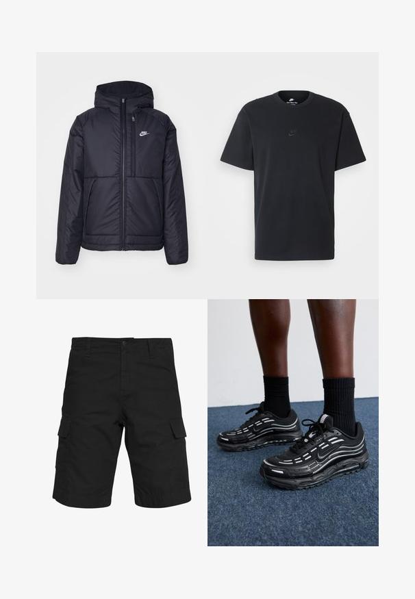 Veste Nike noire rembourrée avec une fermeture éclair sur le devant et une capuche. Elle présente un logo blanc sur la poitrine gauche et deux poches avant. Texture extérieure lisse.; T-shirt en coton noir Nike avec un col rond classique, des manches courtes et un logo embossé subtil sur la poitrine. Texture lisse.; Shorts cargo noirs en tissu tissé, dotés de deux poches latérales, d'une fermeture à bouton et d'une coupe droite descendant jusqu'au genou.; Des chaussures Nike noires présentent une tige en mesh avec des rayures d'accent, un laçage texturé et une semelle en caoutchouc noir. Portées avec des chaussettes noires côtelées.