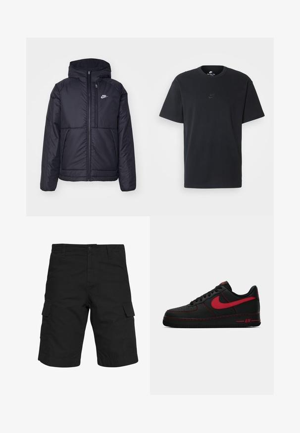 Schwarze, gepolsterte Nike-Jacke mit Frontreißverschluss und Kapuze. Hat ein weißes Logo auf der linken Brust und zwei Fronttaschen. Glattes äußeres Material.; Schwarzes Baumwoll-T-Shirt von Nike mit klassischem Rundhalsausschnitt, kurzen Ärmeln und einem dezenten, geprägten Logo auf der Brust. Glatte Textur.; Schwarze Cargo-Shorts aus gewebtem Stoff, mit zwei Seitentaschen, einem Knopfverschluss und einem geraden Schnitt, der bis zum Knie reicht.; Schwarze Leder Nike Air Force 1 Sneakers mit roten Akzenten, ausgestattet mit einer glatten Textur, perforierter Zehenpartie und kontrastierenden roten Nähten.