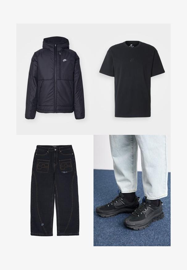 Casaco Nike preto, acolchoado, com fecho à frente e capuz. Apresenta um logo branco no lado esquerdo do peito e dois bolsos frontais. Textura exterior lisa.; T-shirt de algodão preto da Nike com um clássico decote redondo, mangas curtas e um logótipo em relevo discreto no peito. Textura suave.; Calças de ganga de lavagem escura com perna reta. Apresentam dois bolsos frontais com costura laranja e um pequeno logo perto da barra.; Sapatilhas desportivas pretas com tecido texturizado e solas em borracha, apresentando atacadores elásticos e um detalhe azul no calcanhar. Usadas com calças de ganga claras.