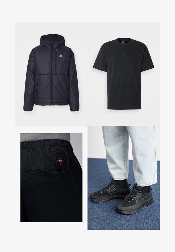 Czarna, pikowana kurtka Nike z przednim zamkiem błyskawicznym i kapturem. Posiada białe logo po lewej stronie klatki piersiowej oraz podwójne kieszenie z przodu. Gładka struktura zewnętrzna.; Czarny bawełniany t-shirt Nike z klasycznym okrągłym dekoltem, krótkimi rękawami oraz subtelnym, wytłoczonym logo na piersi. Gładka tekstura.; Czarne sportowe szorty z elastycznym pasem, z tylną kieszenią i naszywką z logo marki Jordan w czerwono-białych kolorach.; Czarne buty sportowe z teksturowanej tkaniny i gumowymi podeszwami, z elastycznymi sznurówkami i niebieskim akcentem na pięcie. Noszone z jasnymi dżinsami.