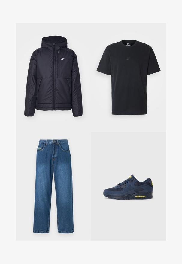 Musta, pehmustettu Nike-takki, jossa on etuvetoketju ja huppu. Vasemmassa rinnassa on valkoinen logo ja takissa on kaksinkertaiset etutaskut. Pintakoe on sileä.; Nike musta musta T-paita, jossa on klassinen pyöreä kaula-aukko, lyhyet etkä hihat sekä hillitty, kohopainettu logo rinnassa. Silkkinen rakenne.; Denim-housut keskipesussa, suoran lahkeen muotoilu, viisi taskua ja keltaiset ompeluakoristeet.; Laivastonsiniset Nike Air Max -lenkkarit, joissa on mokkabukseista ja verkkomateriaalista valmistettu yläosa, keltaisia yksityiskohtia, nyöritys etuosassa ja näkyvä ilmanvaimennus pohjassa.