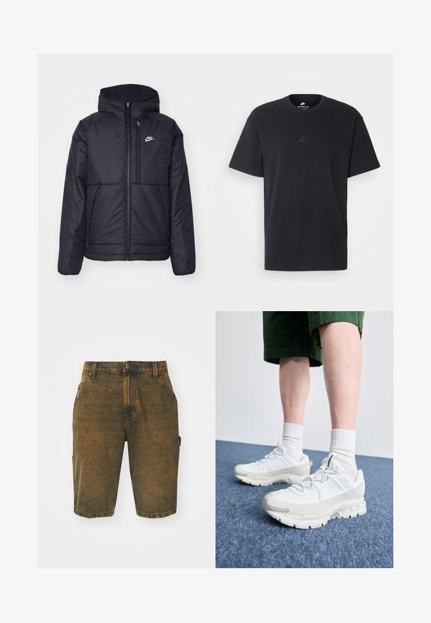 Juodas, paminkštintas Nike džemperis su priekyje užtrauktuku ir gobtuvu. Pasižymi balta logo kairėje krūtinės pusėje ir dviem priekinėmis kišenėmis. Su lygiu išoriniu paviršiumi.; Juodas medvilninis Nike marškinėliai su klasikinėmis apykaklėmis, trumpomis rankovėmis ir subtiliu, įspaustu logotipu ant krūtinės. Sklandus tekstūra.; Džinsiniai šortai išbleškusių rudos spalvos su šiek tiek nusidėvėjusiu paviršiumi. Yra kilpos diržui, priekiniai kišenės ir šoninė cargo kišenė.; Baltos sportinės bateliai su tekstūruotais uždengimais, masyviu padu ir pilkais akcentais. Dėvimi su baltais trumpais kojiniais ir žaliais šortais mėlyname paviršiuje.