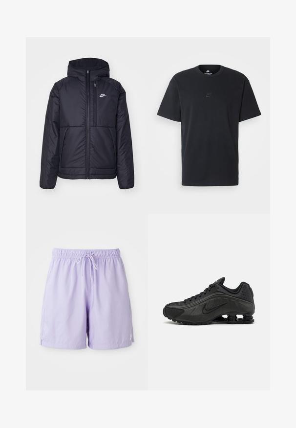 Melna, pufota Nike jaka ar priekšējo rāvējslēdzēju un kapuci. Iezīmēta ar baltu logotipu uz kreisās krūtis un divām priekšējām kabatām. Gluda ārējā tekstūra.; Nike melns kokvilnas T-krekls ar klasisku piegriezumu, īsām piedurknēm un smalku, reljefu logotipu uz krūškurvja. Gluda tekstūra.; Ceriņu krāsas peldbikses, izgatavotas no viegla auduma, ar elastīgu jostu un auklu, sānu atverēm un nelielu logo akcentu.; Melnas skriešanas ķepas ar gludu sintētisku virsu, perforētiem akcentiem, teksturētām sānu daļām un izteiksmīgu atsperīgu zoli.