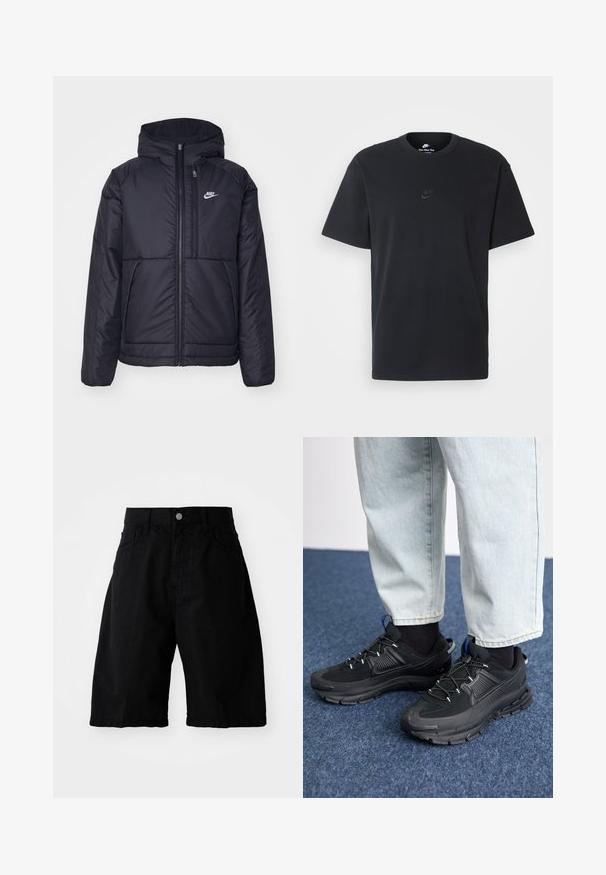Giacca Nike nera, imbottita, con zip frontale e cappuccio. Presenta un logo bianco sul lato sinistro del petto e doppie tasche frontali. Texture esterna liscia.; T-shirt in cotone nero della Nike con collo rotondo classico, maniche corte e un logo in rilievo discreto sul petto. Texture liscia.; Shorts neri in cotone con una vestibilità comoda, due tasche laterali, chiusura a bottone e bordi puliti, adatti per un look informale.; Scarpe sportive nere con tessuto testurizzato e suole in gomma, dotate di lacci elastici e un accento blu sul tallone. Indossate con pantaloni in denim chiaro.