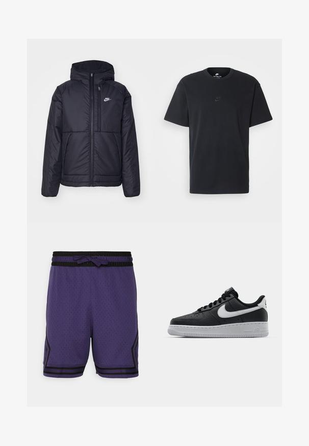 Juodas, paminkštintas Nike džemperis su priekyje užtrauktuku ir gobtuvu. Pasižymi balta logo kairėje krūtinės pusėje ir dviem priekinėmis kišenėmis. Su lygiu išoriniu paviršiumi.; Juodas medvilninis Nike marškinėliai su klasikinėmis apykaklėmis, trumpomis rankovėmis ir subtiliu, įspaustu logotipu ant krūtinės. Sklandus tekstūra.; Jordan DIAMOND SHORT - Sportiniai šortai - sky purple/black/sail; Juoda odinė sportinė avalynė su tekstūruota danga, balta Nike swoosh, pilkas padas, apvalus nosis ir raištelių užsegimas. Yra perforacijos ant nosies.