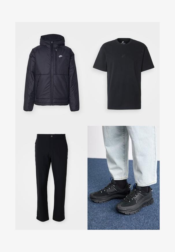 Black, padded Nike jacket with a front zipper and hood. Features a white logo on the left chest and dual front pockets. Smooth exterior texture.; Nike black cotton t-shirt with a classic crew neck, short sleeves, and a subtle, embossed logo on the chest. Smooth texture.; Black trousers featuring a button closure, straight leg design, smooth texture, and side pockets, suitable for a variety of occasions.; Black athletic shoes with textured fabric and rubber soles, featuring elastic laces and a blue accent on the heel. Worn with light denim pants.
